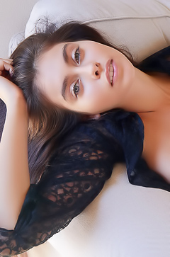 Foxy Alissa Leans In Revealing Lace Bra Slightly